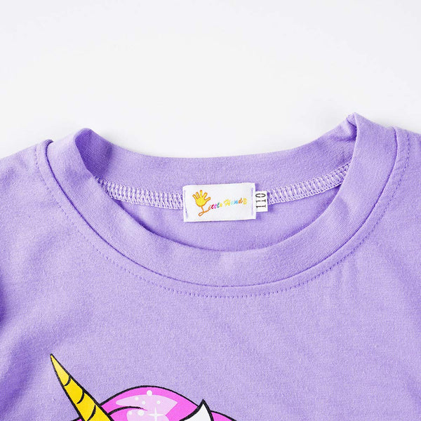 Little Hand Girls Pyjamas Set Unicorn Print Girls Pjs Short Sleeve Cotton Sleepwear Tops Shirts & Pants for Age 1-7 Years (5# Unicorn/Purple, 4-5 Years)