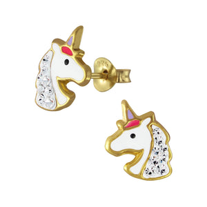 Unicorn Head Earrings Gift Sterling Silver with Gold Plating & Crystal Stones
