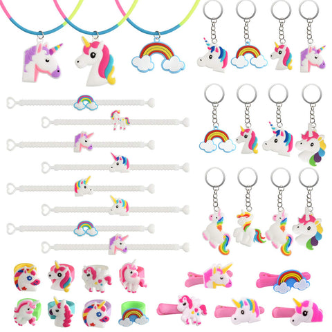Unicorn Party Bag Fillers for Girls  Unicorn Bracelets, Keychains, Rings, Necklace and Hair Clip (36 Pack)