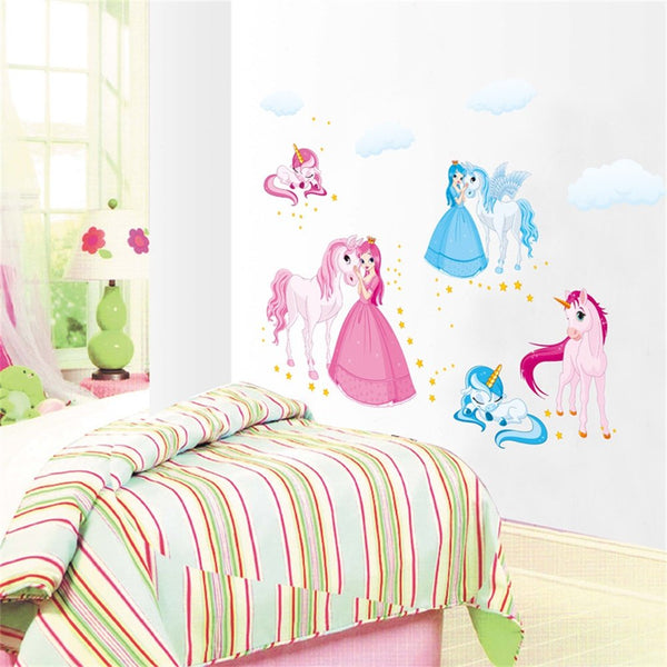 decalmile Princess and Unicorn Wall Stickers Girls Wall Decals Peel and Stick Removable Vinyl Wall Art for Baby Room Kids Bedoom Nursery