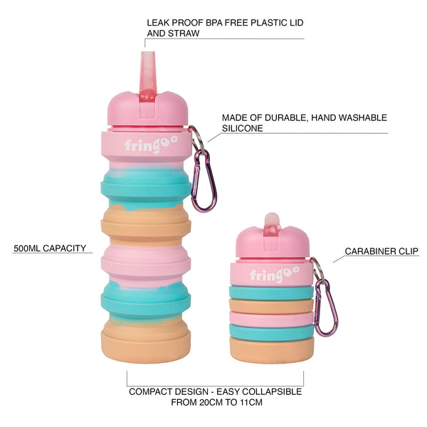 Fringoo Silicone Collapsible Drink Bottle For Kids 500 ml / 17 oz with Carabiner Clip Leak Proof BPA Free Travel Sports Drink Bottle (Pastel Pink - Blue, 550 ml - 19 oz)