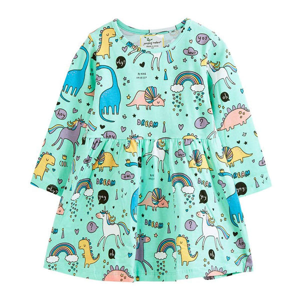 Unicorn Dinosaurs Party Dress for Girls - Long Sleeve Light Green (Ages 4,5,6)