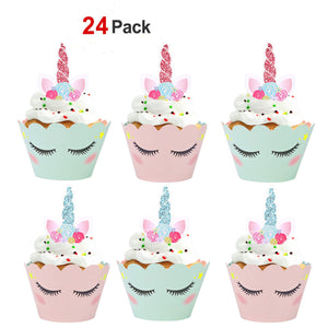 Unicorn Cupcake Decorations / Toppers Horn Ears and Eyelash Double Sided Cupcake Wrappers