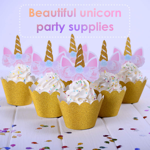 Unicorn Cupcake Toppers Gold Set - 24 pcs Magical Unicorn Birthday Cupcake Decorations Kit - Gold Glittery Unicorn Cupcake Picks - Double Sided Unicorn Horn Cupcake Toppers and Wrappers