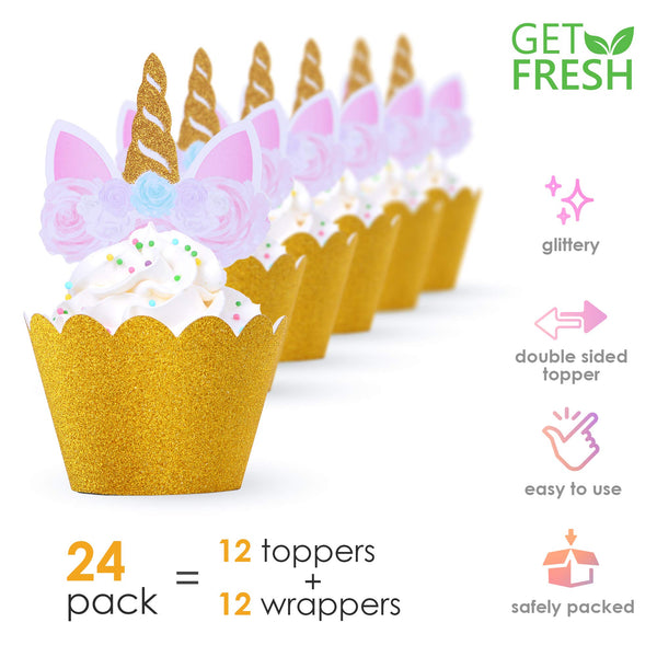Unicorn Cupcake Toppers Gold Set - 24 pcs Magical Unicorn Birthday Cupcake Decorations Kit - Gold Glittery Unicorn Cupcake Picks - Double Sided Unicorn Horn Cupcake Toppers and Wrappers