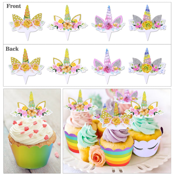 Selection of Unicorn Cupcake Wrappers, Unicorn Cupcake Toppers Horn and Ears Double Sided Wrappers for Kids Baby Girls Unicorn Themed Birthday