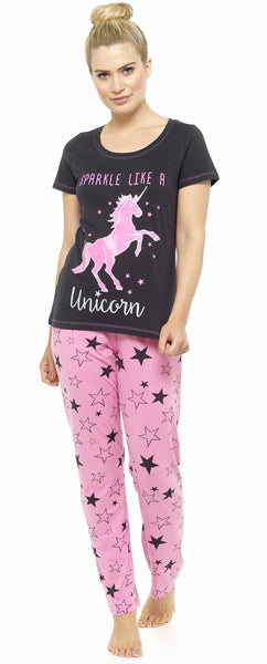 Ladies Unicorn Novelty Sparkle Cotton Pyjamas, Sizes 8,10,12,14,16,18,20 & 22 (12-14 UK, Black/Pink LN698K)