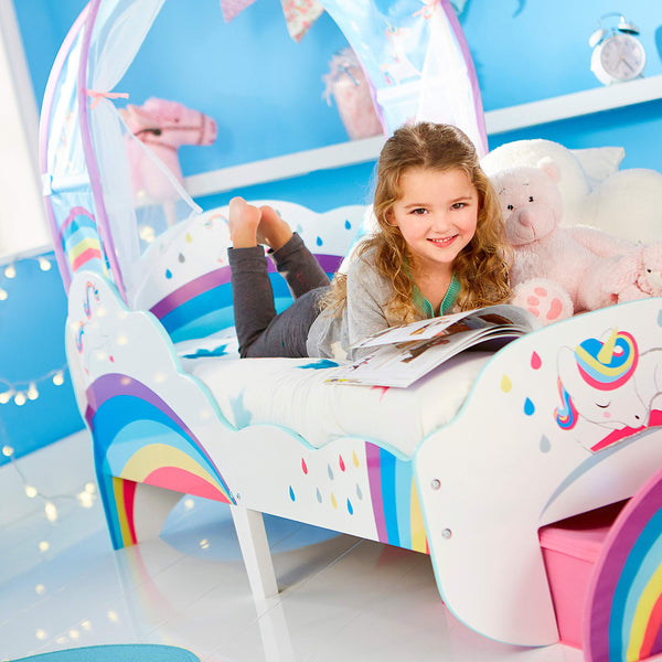 Unicorn Rainbow Toddler Bed With Storage And Canopy 